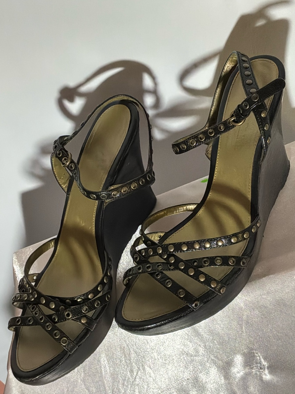 🌙✨Y2K Madeline Black Studded Wedge Sandals ✨ Edgy Glam Ankle Strap Heels